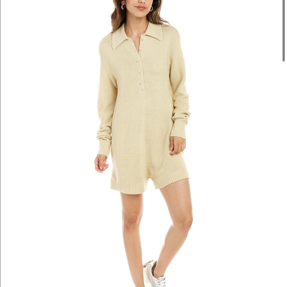 WeWoreWhat Half Button Purl Stitch Boxy Romper in color “Creme Brulee”